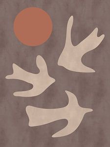 Minimalistische abstrakte Boho-Kunst mit Vögeln und Sonne