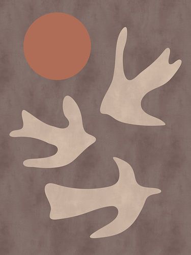 Tableau mural abstrait de style bohème contemporain représentant un oiseau et un soleil, en taupe et terra I sur Dina Dankers