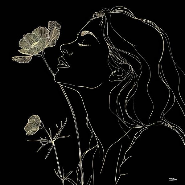 Strichzeichnung einer Frau mit einer Blume von Gelissen Artworks