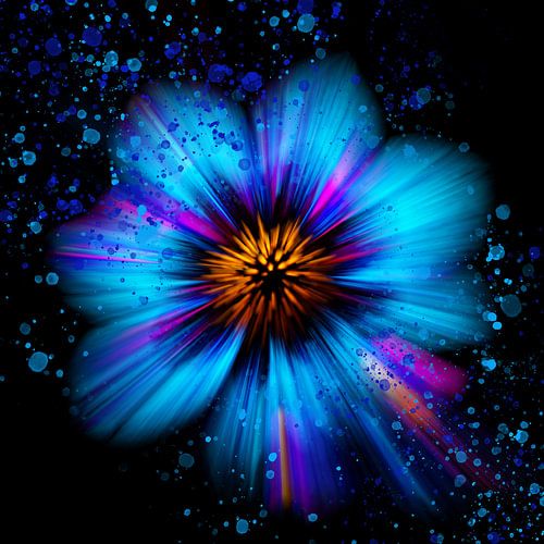 Blauwe bloem met verfspatten, abstract