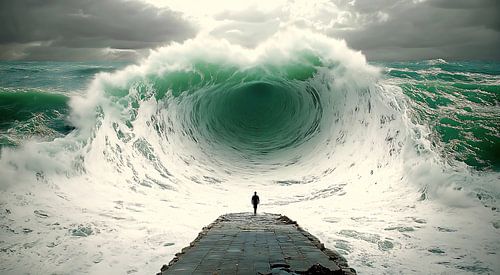 Lonely man walks into the wave of the storm