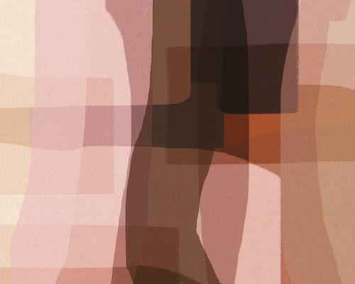 Abstracte organische vormen en lijn in roze, beige, bruin.