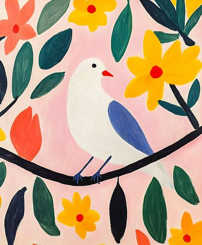 Oiseau blanc dans une mer de fleurs : œuvre d'art représentant un oiseau paisible et une composition florale joyeuse