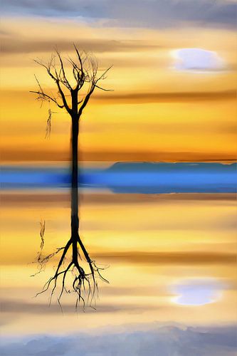 Digitaal aquarel boom silhouet reflectie bij zonsondergang