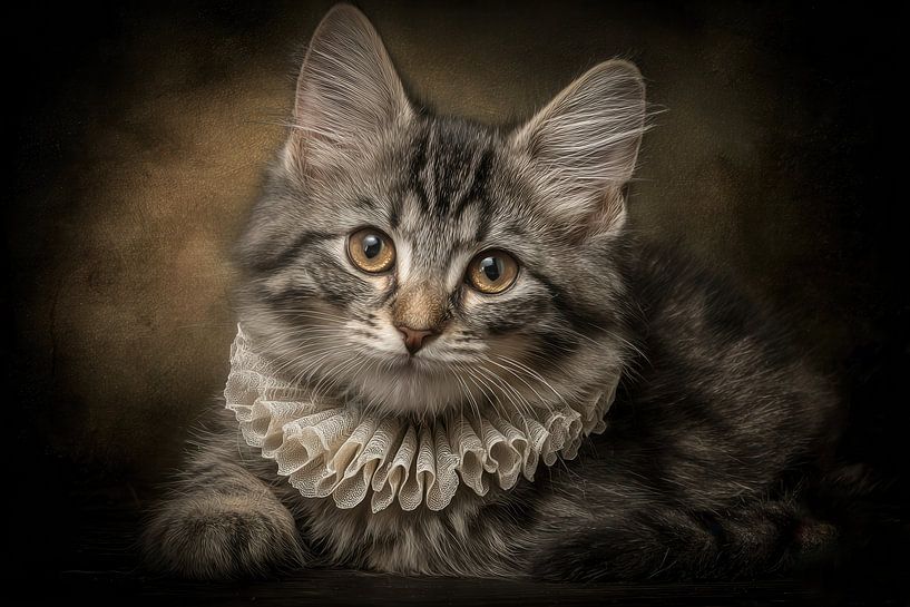 Portrait of a Cat with Lace Collar - Old masters style by Joriali photography and paintings