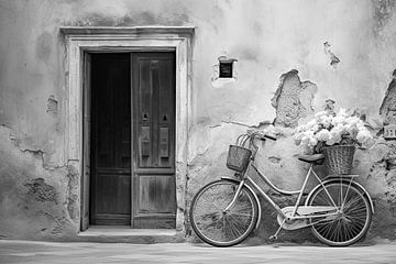 Oude vintage fiets voor een huismuur, zwart-wit fotografie van Animaflora PicsStock