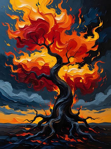 Peinture à l'huile texturée d'un arbre en feu sur fond de ciel crépusculaire orageux par Artistic