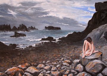 Rockmusic - vrouw op rots bij zee von David Berkhoff