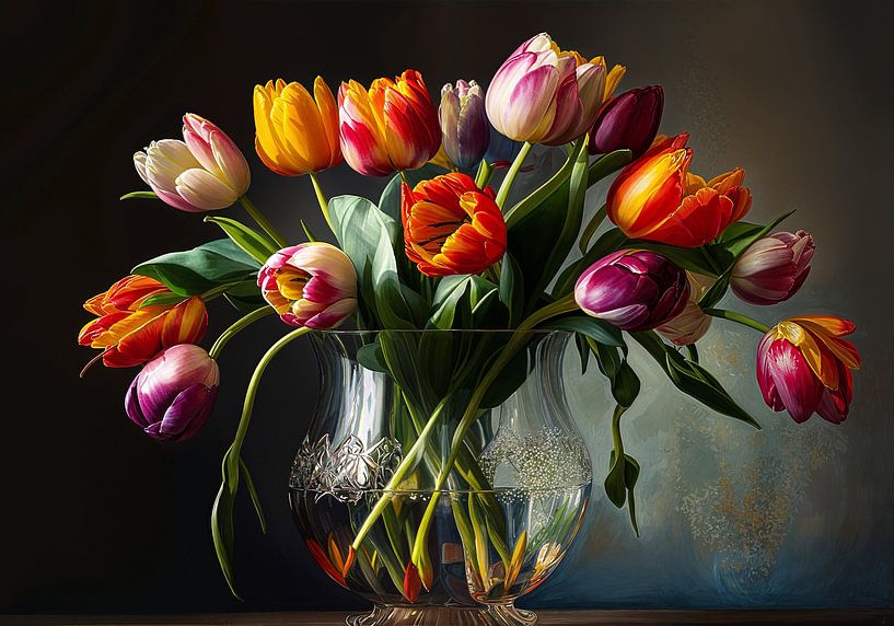 Modern stilleven van tulpen in een glazen vaas van Roger VDB