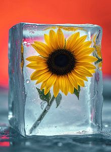 Eiswürfel mit eingefrorener Sonnenblume