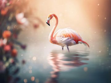 Flamingo in dromerig water van Eva Lee