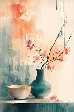 Turquoise vaas in aquarel no.6 van Studio BB