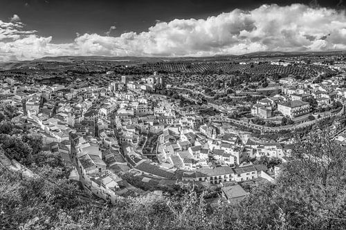White mountain village Setinal de las Bodegas in Andalusia in black and white