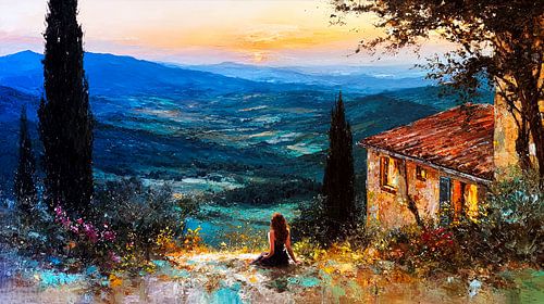 Vrouw bij zonsondergang in Toscane