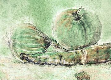 Apfel, Möhre und Zwiebel -  Küchenzutaten in Grün Stillleben von Claudia Gründler