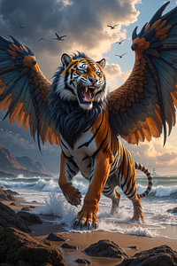 Fantasy Décoration Murale: AEROTIGRIS - Un tigre avec des ailes sur la plage