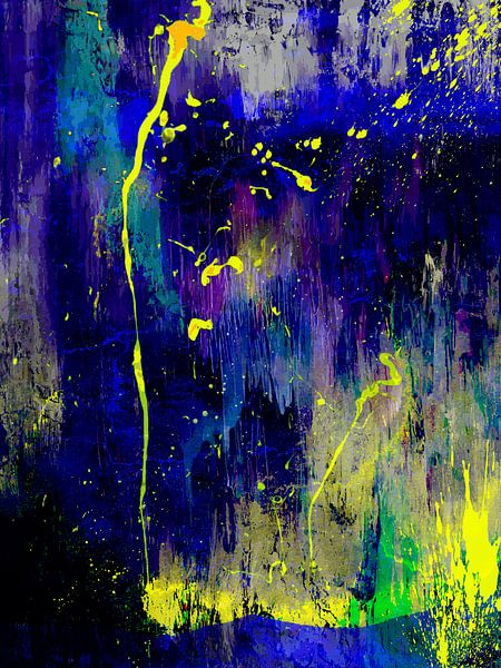Modernes, abstraktes digitales Kunstwerk in Blau, Lila und Fluorgelb von Art By Dominic