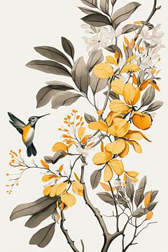 Oranje gele bloemen en vogel van Digitale Schilderijen