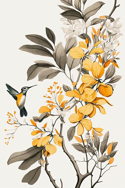Oranje gele bloemen en vogel van Digitale Schilderijen