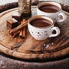 12275491 Warme chocolademelk bestrooid met witte chocolade en specerijen op donkere houten achtergro van BeeldigBeeld Food & Lifestyle