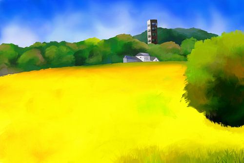 Landscape painting with houses and a lookout tower in the distance