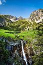 Gaisalpsee with mountain Rubihorn and waterfall near Oberstdorf in the Alps by Daniel Pahmeier thumbnail