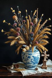 Delft blue flower vase with drying bouquet - classic still life by Kleurenrijk