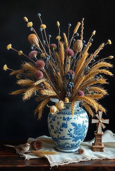 Delft blue flower vase with drying bouquet - classic still life by Kleurenrijk