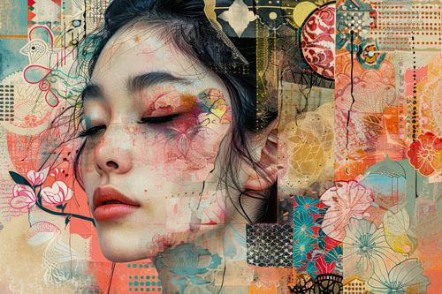Portret van een mooie jonge vrouw, Collage, mixed-media