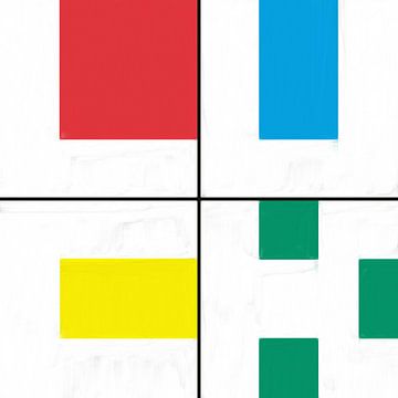 Formes géométriques en rouge bleu jaune vert sur Maurice Dawson
