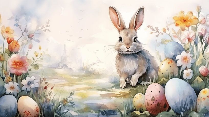 Paashaas op een lenteweide in aquarel design schilderij kunst van Animaflora PicsStock