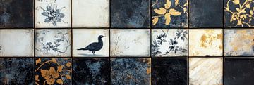 Zwart en goud tegelkunst met vogelmotief panorama van Digitale Schilderijen
