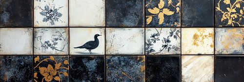 Zwart en goud tegelkunst met vogelmotief panorama
