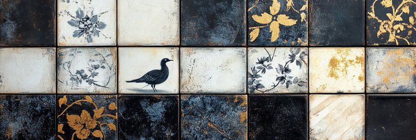 Black and gold tile art with bird motif panorama by Digitale Schilderijen