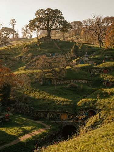 Green Hill Village in Autumn – Fantasy Village Art Print