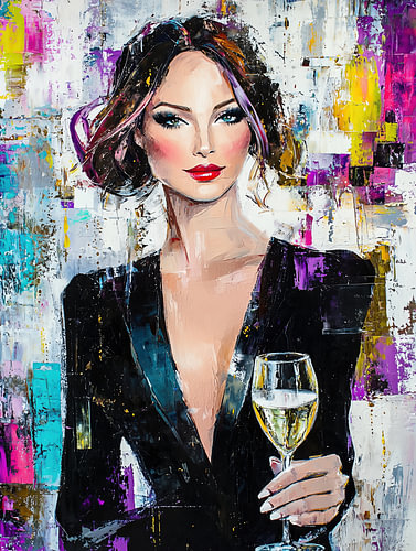 &, Champagne – Modern Abstract Portrait of a Woman in a Black Jacket with Purple Splashes