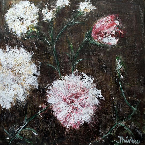 Bloemenschilderij met donkerbruine achtergrond. van Therese Brals