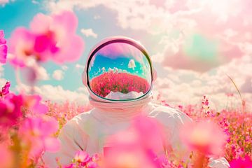 Astronaut in een bloemenveld - fantasierijke foto van Poster Art Shop