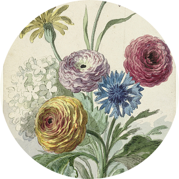 Boeket bloemen in de hals van een groene vaas, Willem van Leen