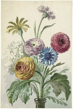 Boeket bloemen in de hals van een groene vaas, Willem van Leen