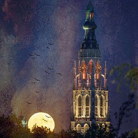 Breda, Foto bearbeiten, Mondaufgang neben dem Turm der Grote kerk, mit zusätzlichen Texturen und Vögeln. von Andre Gerbens