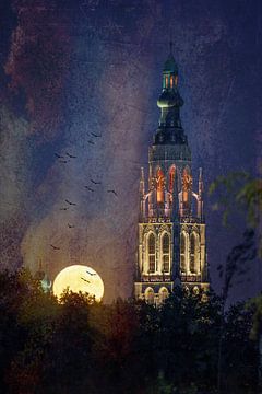 Breda, edit photo, Moon rise next to Grote kerk tower, with added textures and birds. by Andre Gerbens