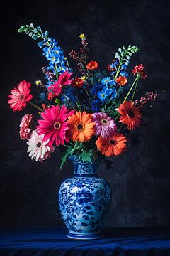 Levendige bloemen in elegante blauw-witte vaas van De Muurdecoratie