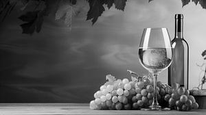 Ein Glas Wein mit einer Weinflasche und Trauben auf einem Holzbrett mit orangefarbenem Hintergrund, Schwarz-Weiß-Fotografie