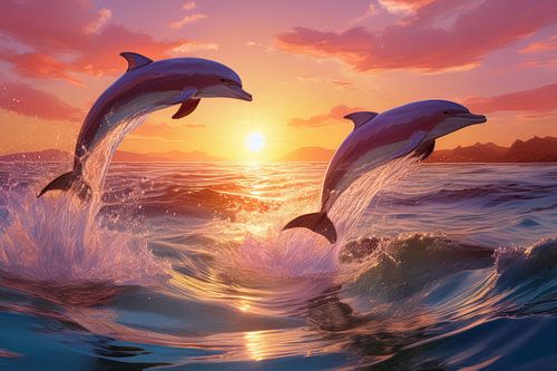 Springende dolfijnen in zee bij zonsondergang