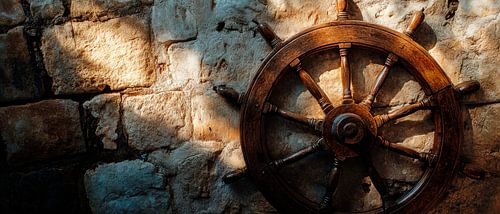 Steering wheel on stone wall by Poster Art Shop
