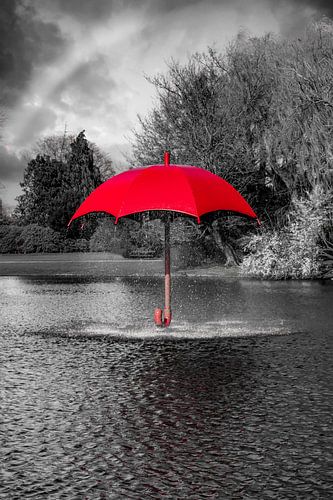 Rode Paraplufontein in Zwart-Witomgeving