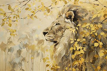 Moderne schilderij van een leeuw en bladeren van Art & Soul Creations