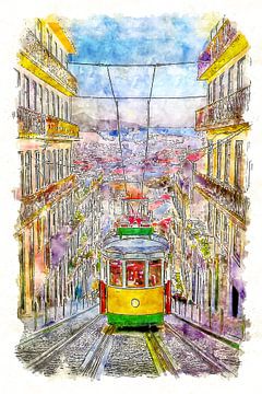 Portugese tram in een straat in Lissabon (aquarel) van Art by Jeronimo