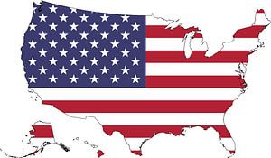 Karte der USA mit der Nationalflagge der Vereinigten Staaten von Amerika isoliert auf weißem Hintergrund. Vektor-Illustration.